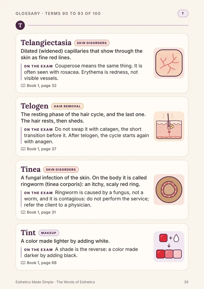 Bonus glossary, page 26: terms 90 to 93, telangiectasia, telogen, tinea, and tint